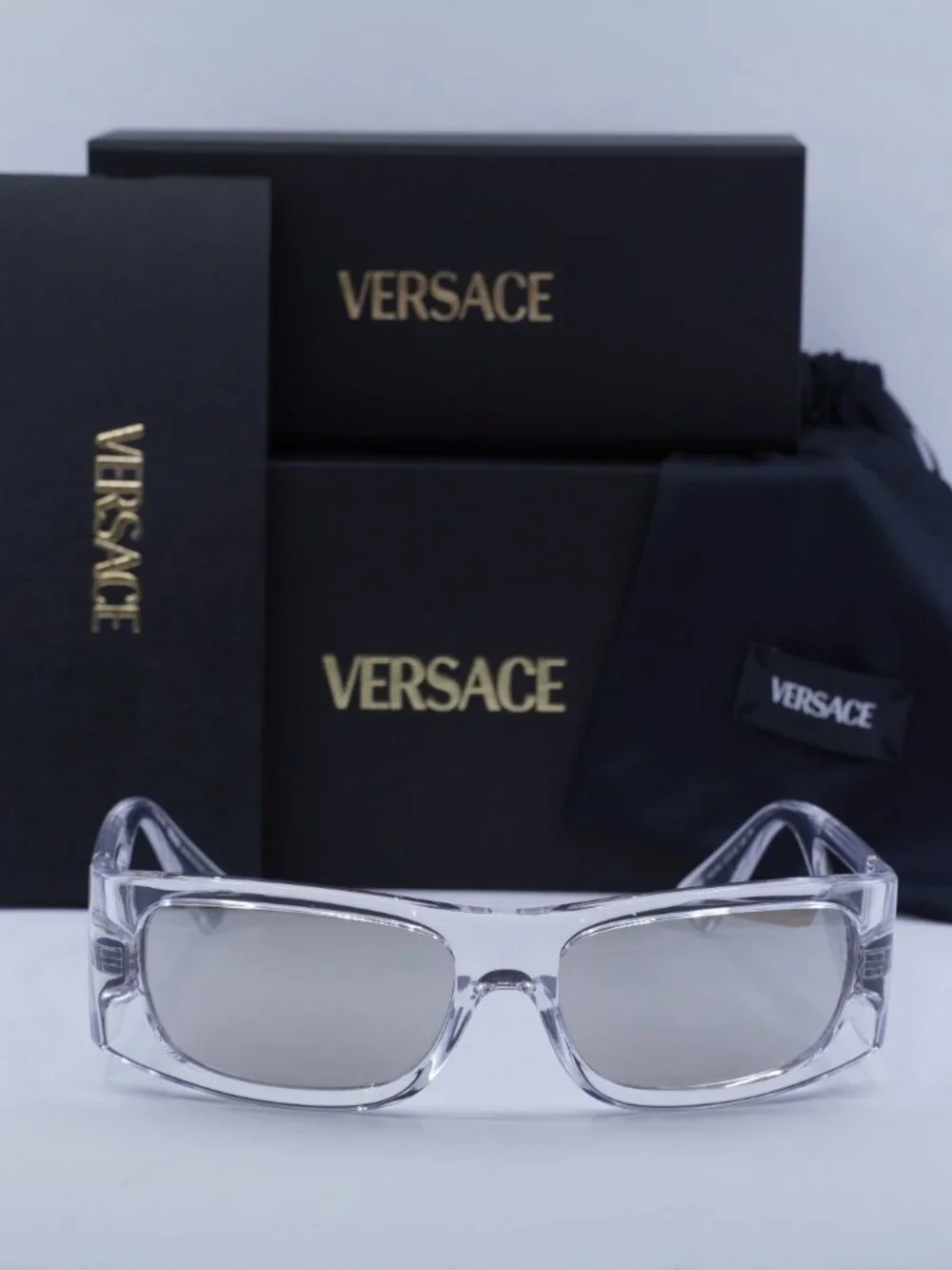 Versace VE4482 148/8V Rectangle Sunglasses – Transparent / Clear Mirror Silver